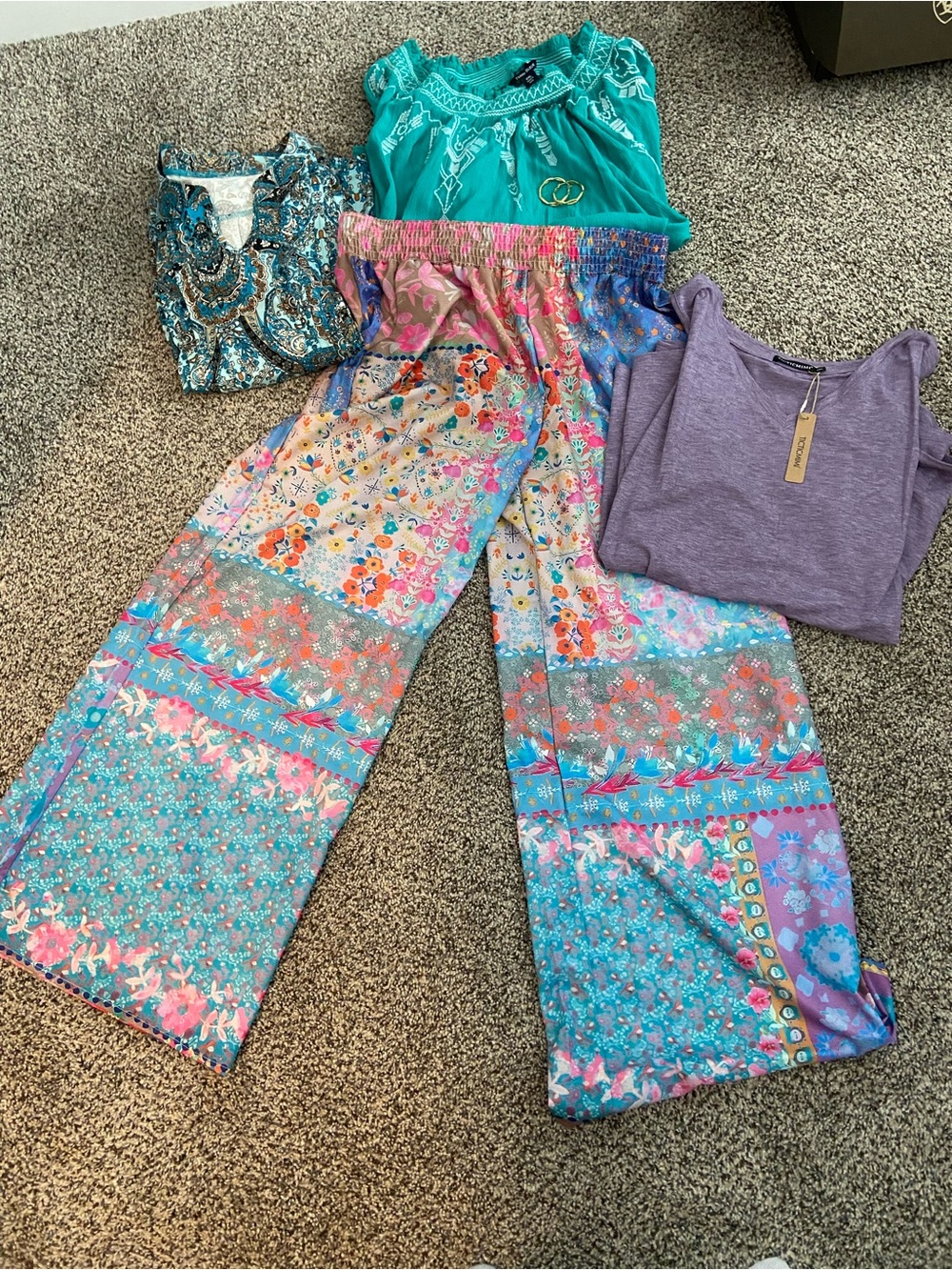 Boho Floral Patchwork Wide-Leg Pants - and 3 tops